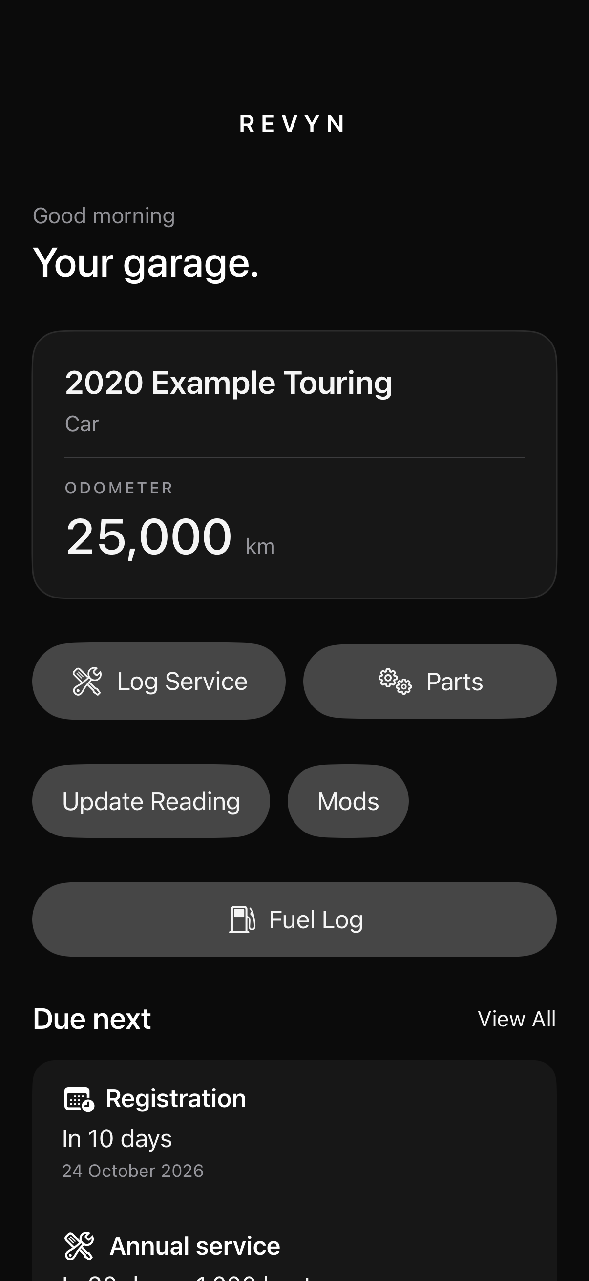 REVYN Home showing a saved vehicle, quick actions and upcoming registration reminders. Illustrative vehicle data.